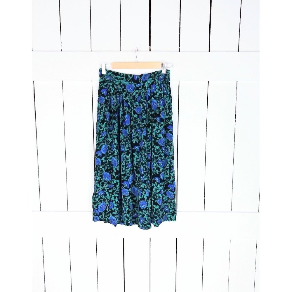 Vintage blue rose floral leaf midi skirt/blue/black flower skirt/David Brooks